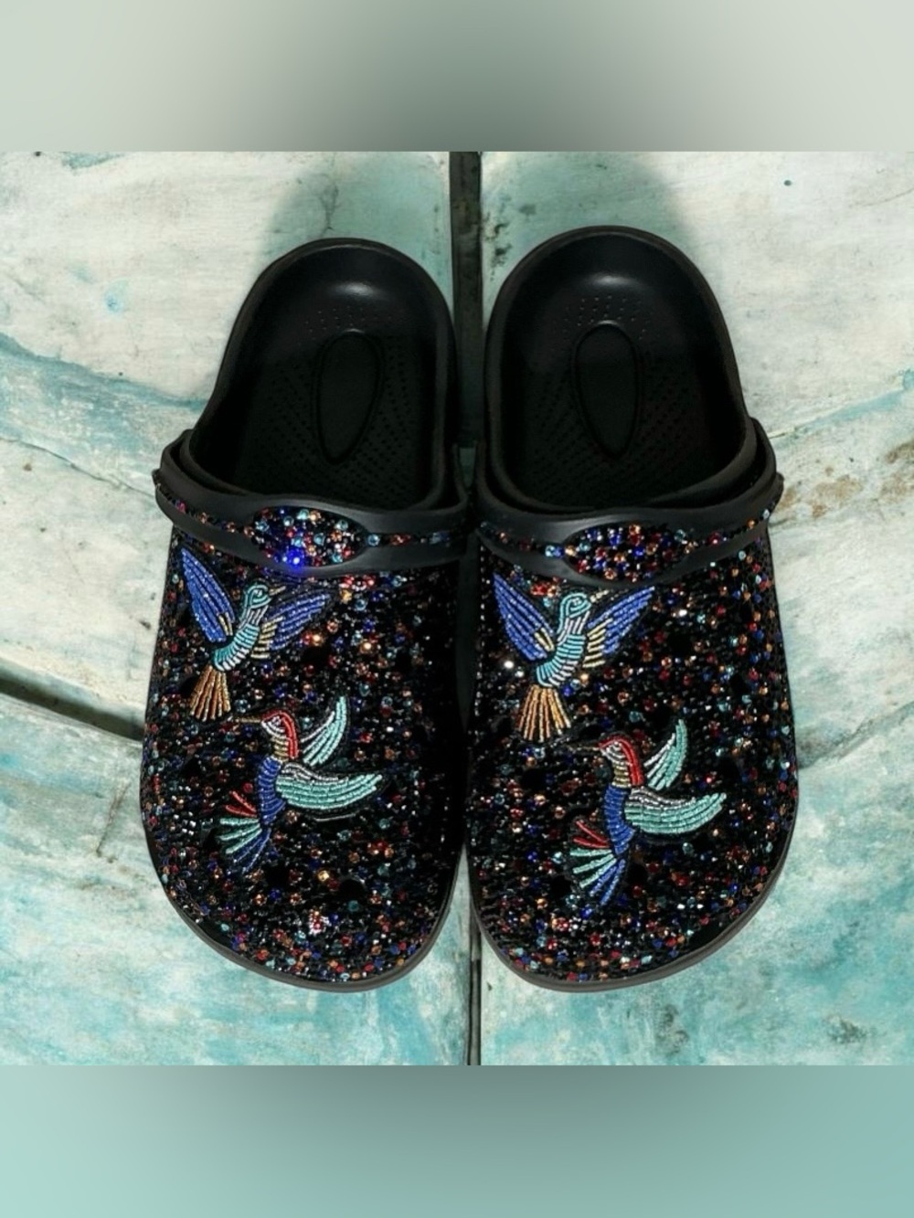 Black Embellished Hummingbird Clog Mules